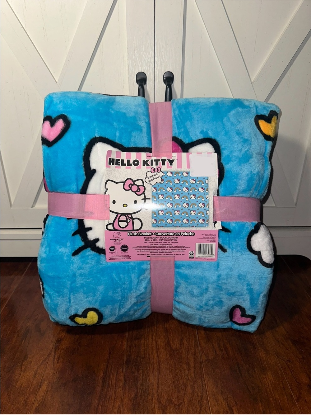 Hello Kitty Blue Rainbow Heart Queen Plush Throw Blanket
